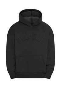 Sort sweatshirt med hætte, prydet med et struktureret "DROPSIZE" design på forsiden, kængurulomme samt ribbede manchetter og kant.
