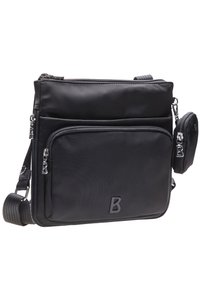 Borsa a tracolla nera in nylon con più scomparti con zip, finitura testurizzata, forma piatta e una lettera "B" in rilievo sul davanti.