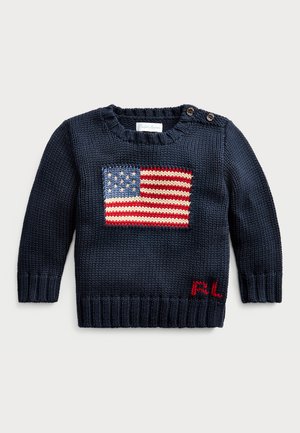 Suéter de punto en azul marino con un gran motivo de la bandera americana en rojo, blanco y azul, que cuenta con un dobladillo acanalado y "RL" bordado en rojo.