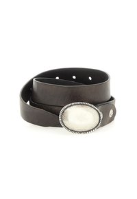 Cintura in pelle marrone scuro con fibbia in metallo tono argento a forma ovale e bordo testurizzato. Inclusi più fori per la regolazione.