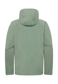 Hellgrüne Jacke mit Kapuze, verfügt über eine glatte Textur, lange Ärmel und einen geraden Schnitt. Die Rückansicht zeigt klare Linien und ein minimalistisches Design.