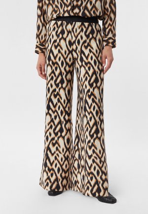 Wide-leg pants in a patterned fabric featuring beige, black, and brown tones. Smooth texture with a flowing design and elastic waistband.