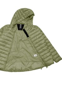Giacca a puffo con cappuccio di un verde chiaro, con un design trapuntato elegante, una texture lucida e una chiusura con zip. Presenta etichette interne e un logo.
