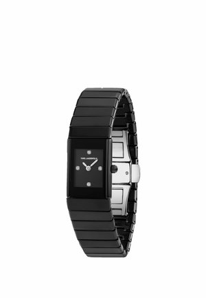 Orologio da polso rettangolare nero Karl Lagerfeld con cinturino a maglie metalliche e quadrante minimalista segnato da quattro piccoli cristalli.