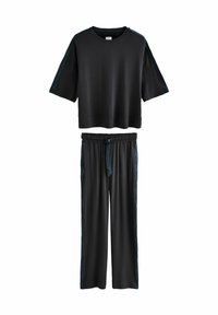 Black two-piece loungewear set with short-sleeve top and drawstring waist pants, both featuring dark side stripes.