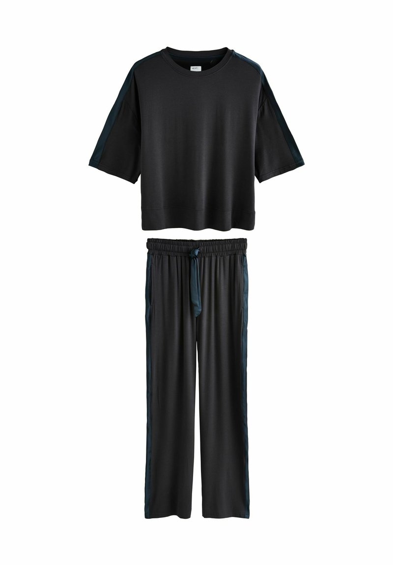 Black two-piece loungewear set with short-sleeve top and drawstring waist pants, both featuring dark side stripes.