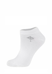 White ankle sock made of cotton blend, featuring a ribbed cuff and minimal logo detail in a light gray on the side. Soft texture, no patterns.
