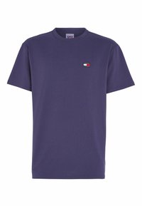 Mørkeblå bomull t-skjorte med korte ermer og rund hals, med en liten brodert logo på venstre bryst, har et enkelt og klassisk design.