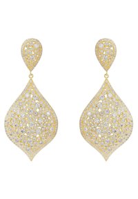 Gli orecchini a pendente in tono oro presentano design intricati con numerosi rhinestones trasparenti incastonati in una forma a goccia, creando una superficie testurizzata.
