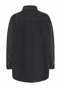Black denim shirt, long sleeves, collared design, straight cut. Features buttoned cuffs and paneled stitching details.