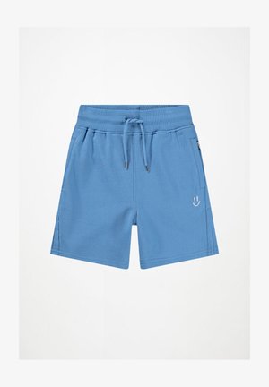 Calções de algodão azul claro com uma cintura elástica, cordão ajustável, bolsos laterais e um pequeno rosto sorridente branco na frente.