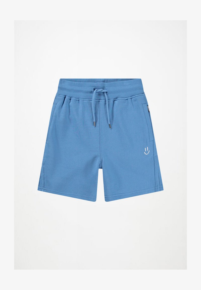 Svijetloplavi pamukasti šorts s elastičnom strukom, prilagodljivom uzicom, bočnim džepovima i malim bijelim smajlijem sprijeda.