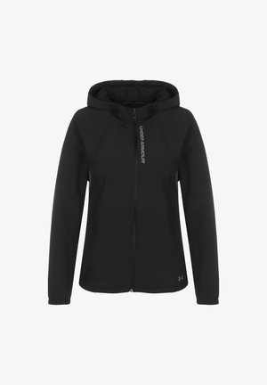 Sort lynlås hættejakke lavet af blødt materiale med en tætsiddende design, hætte, raglanærmer og et reflekterende logo på venstre side.