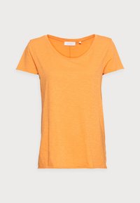 Oranges T-Shirt mit kurzen Ärmeln und Rundhalsausschnitt, aus leichtem, strukturiertem Stoff, mit einem leicht lockeren Schnitt und ohne auffällige Verzierungen.