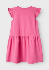 Pink sleeveless dress featuring ruffled shoulder accents, a round neckline, and a gathered skirt with a smooth texture.