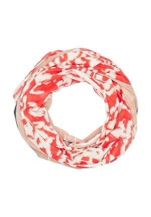 Runder Schal mit einem lebendigen abstrakten Muster in Rot, Weiß und Beige, aus leichtem, transparentem Material gefertigt. Glatte Textur.
