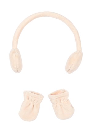 Beige Plüsch-Ohrenwärmer mit passenden weichen Fäustlingen, entwickelt für Wärme und Komfort bei kaltem Wetter.