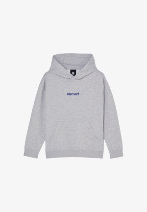 Jasnoszara bluza z kapturem, z przednią kieszenią kangurką i niebieskim logo "element" wyszytym na środku klatki piersiowej.