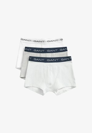 Tre paia di boxer da uomo in bianco, grigio e bianco con puntini neri, ciascuno con fascia elastica con logo.