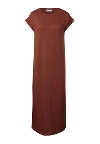 Ruskullinen, polvipituinen mekko, jossa on rento leikkaus, lyhyet hihattomat hihat, pyöreä pääntie, pehmeä kangas ja sivuhalkio liikkumisen helpottamiseksi.