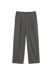 Grijze geruite broek met een wijd beenontwerp, voorplooien en zijzakken. Gemaakt van textuurstof met een knoopsluiting in de taille.