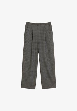 Grijze geruite broek met een wijd beenontwerp, voorplooien en zijzakken. Gemaakt van textuurstof met een knoopsluiting in de taille.