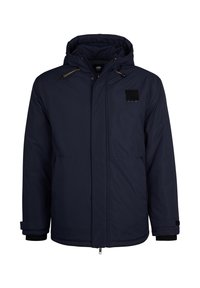 Laikku sininen eristetty takki, jossa on vetoketjukiinnitys edessä, naruhuppu ja elastiset hihansuut. Takissa on musta logopatch rintamuksessa ja sivutaskut.