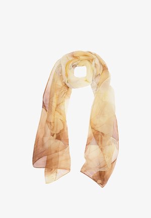 Sciarpa leggera e trasparente in morbidi toni di giallo con stampa floreale. Presenta un design fluido e una texture delicata, ideale per stratificare.