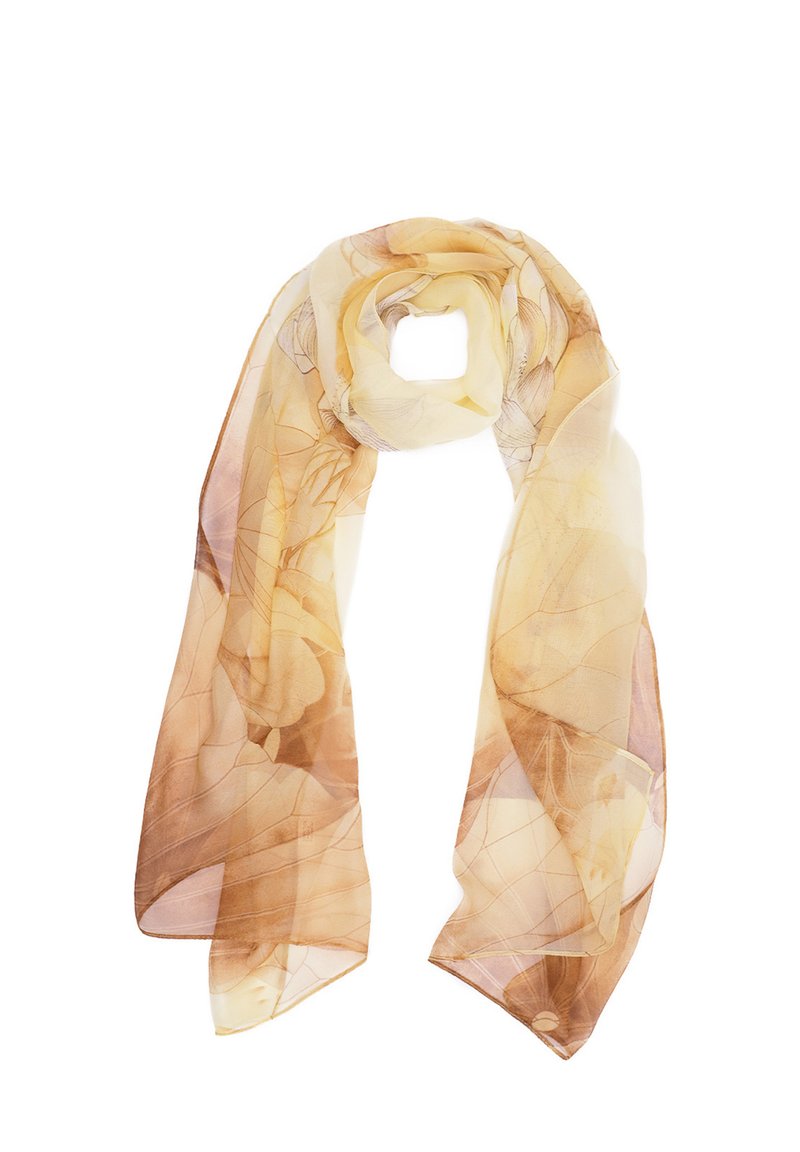 Sciarpa leggera e trasparente in morbidi toni di giallo con stampa floreale. Presenta un design fluido e una texture delicata, ideale per stratificare.