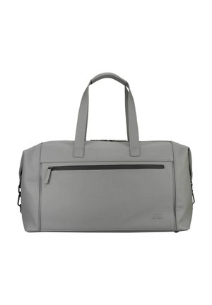 Sac de sport rectangulaire gris avec deux poignées, une poche avant zippée et un logo discret en relief dans le coin inférieur droit.