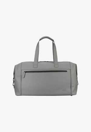 Sac de sport rectangulaire gris avec deux poignées, une poche avant zippée et un logo discret en relief dans le coin inférieur droit.