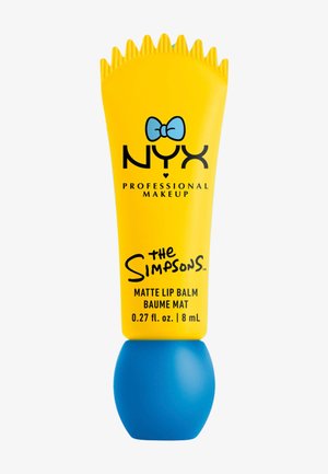 Gul mat læbepomade-tube med blå hætte, savtakket top, NYX Professional Makeup-logo og The Simpsons-branding.