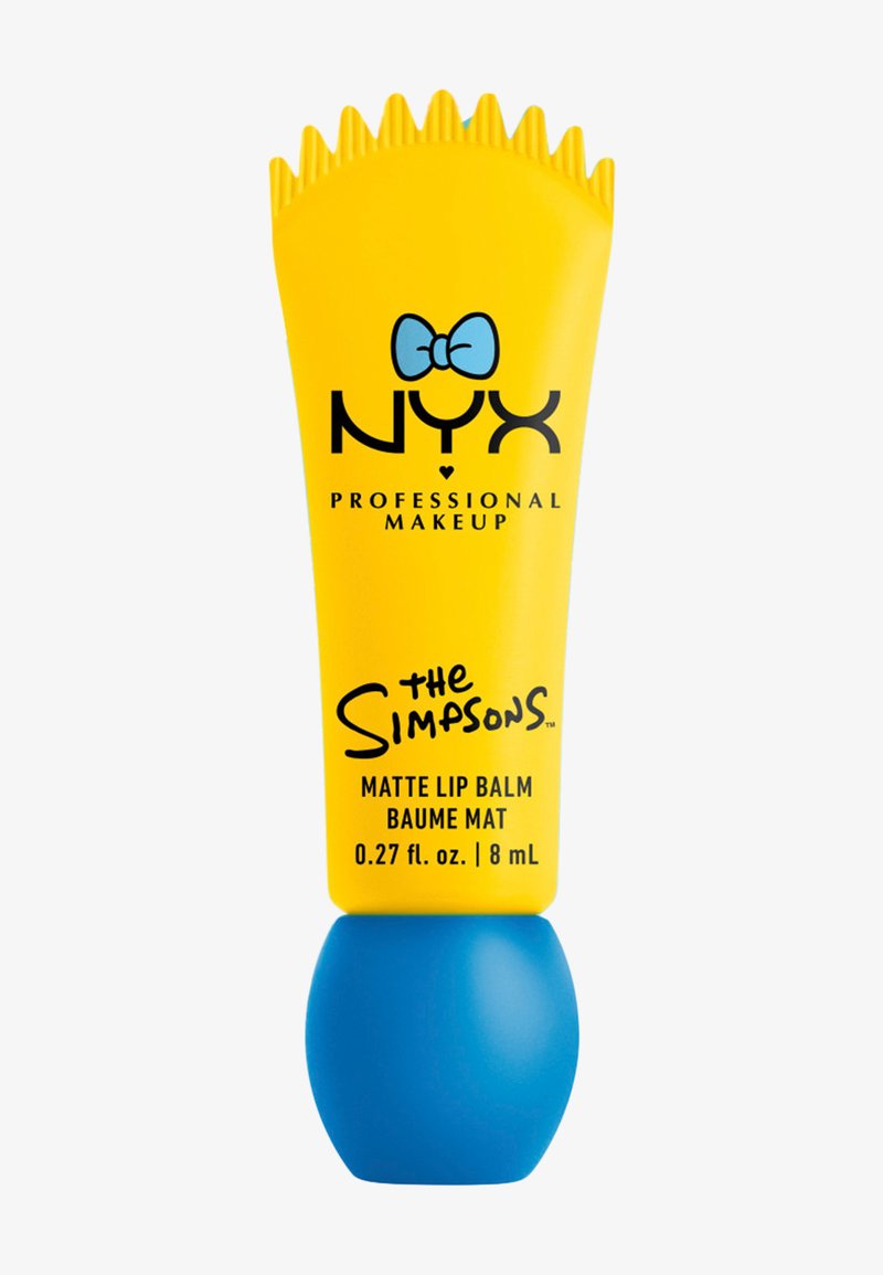 Gelber matter Lippenbalsam im Röhrchen mit blauem Deckel, gezacktem oberen Rand, NYX Professional Makeup Logo und The Simpsons Branding.
