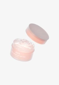 Maschera notturna al collagene in un vasetto trasparente e rotondo con sfumature rosa. Contiene una formulazione in gel traslucido e un coperchio liscio e opaco.