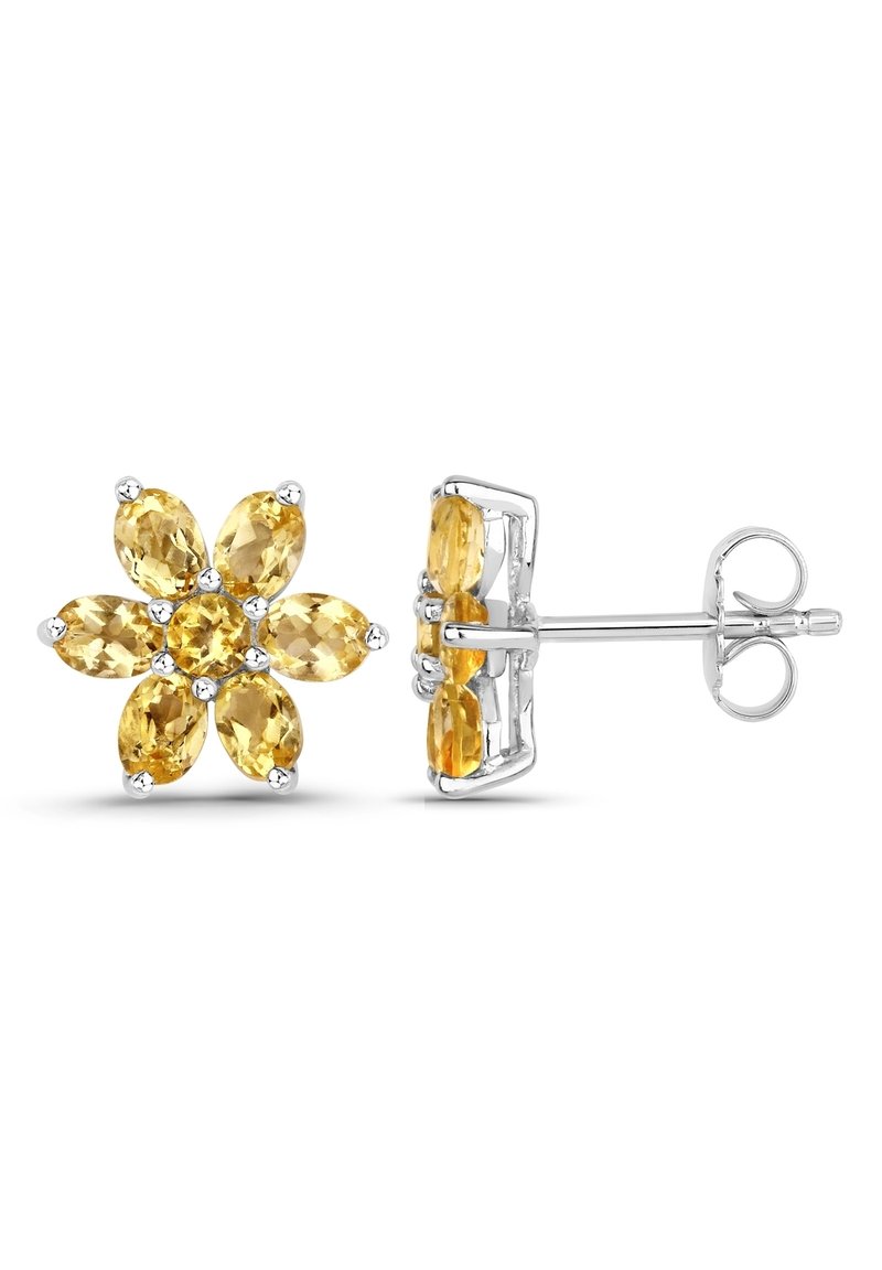 Boucles d'oreilles en forme de fleur avec pierres précieuses jaunes, montées en griffes, ornées de pierres taillées en ovale et d'un support en métal ton argenté.
