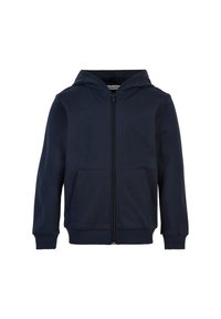 Felpa con zip di colore blu navy realizzata in tessuto morbido, dotata di cappuccio, tasche frontali e polsini a costine per una vestibilità aderente. Design semplice e funzionale.
