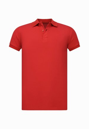 Rood poloshirt met korte mouwen, een kraag en twee knopen op de knoopsluiting, weergegeven tegen een witte achtergrond.