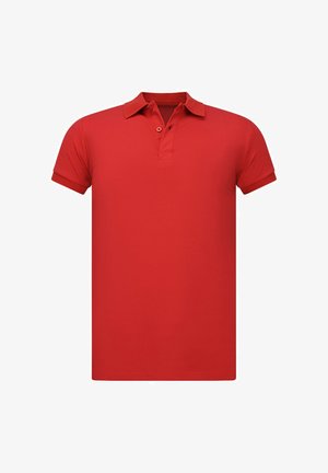 Rood poloshirt met korte mouwen, een kraag en twee knopen op de knoopsluiting, weergegeven tegen een witte achtergrond.