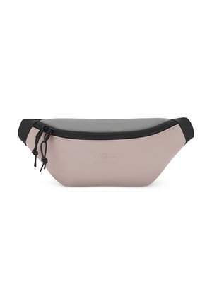 Banane en matériaux rose et gris, présentant une texture lisse, une forme incurvée, des accents noirs et une double fermeture éclair avec tirettes.