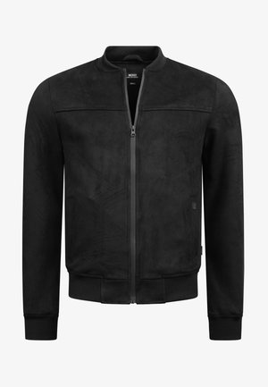 Black bomber jacket made from smooth fabric, features a full zip, ribbed cuffs, and a structured collar with subtle texture accents.