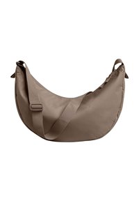 Borsa a spalla in tessuto marrone con forma curvilinea a mezza luna. Caratterizzata da una tracolla tessurizzata e rifinita con piccoli dettagli lungo i bordi.
