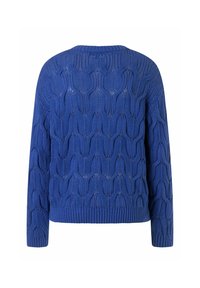 Blauer gestrickter Pullover mit einem strukturierten Wellenmuster, Rundhalsausschnitt, gerippten Bündchen und Saum; lockere Passform mit einem weichen, gemütlichen Aussehen.