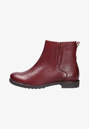 Burgunderfarbene Leder-Stiefeletten mit runder Spitze, seitlichem Reißverschluss und einer niedrigen, strukturierten Gummisohle für besseren Halt. Merkmale minimale Nähte.