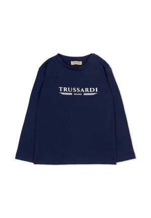 Maglia a maniche lunghe color blu navy per bambino piccolo con logo "TRUSSARDI MILANO" bianco sul davanti e bottoni a pressione sulla spalla sinistra.