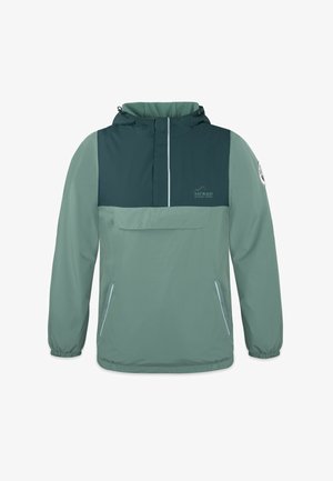 Leichte Pulloverjacke in sanftem Grün mit dunkelgrünen Akzenten, Kapuze, Vordertasche, elastischen Bündchen und reflektierenden Details.