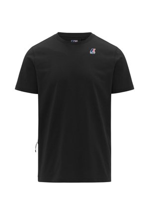 T-shirt nera a maniche corte con collo a girocollo, con piccolo logo K-Way sul petto sinistro e dettaglio con coulisse sulla cucitura laterale destra.
