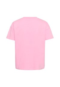 Ružové bavlnené tričko s okrúhlym výstrihom, krátkymi rukávmi a voľným strihom. Jednoduchý dizajn bez viditeľných vzorov alebo ozdôb.