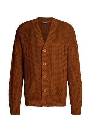 Bruine gebreide cardigan met een textuurpatroon, V-hals en vijf knopen aan de voorkant. Geribbelde manchetten en zoom, relaxte pasvorm.