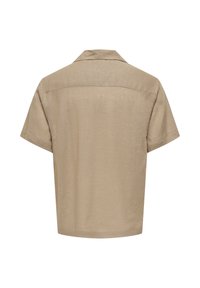 Chemise beige à manches courtes avec un ourlet droit et un col classique, vue de dos.
