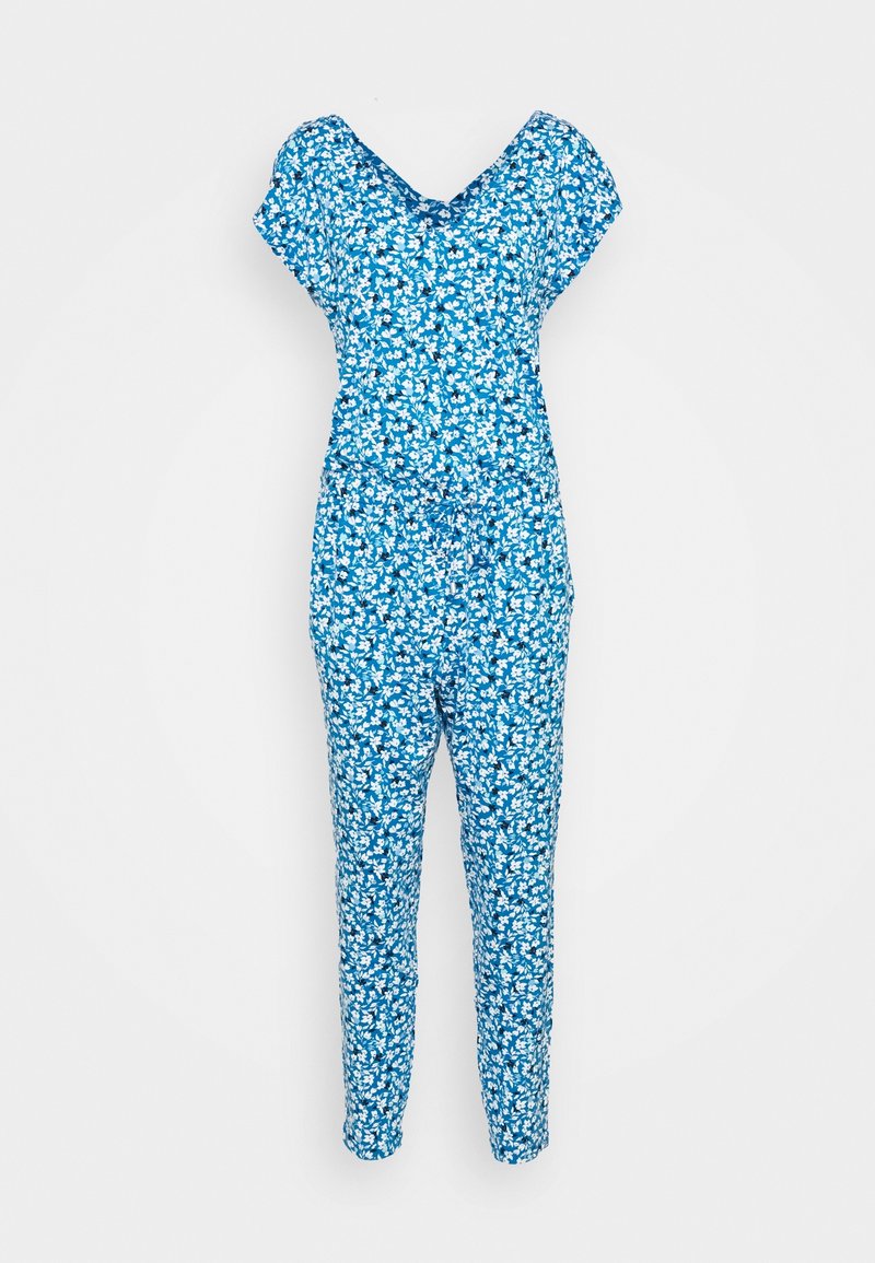 Combinaison courte bleue à manches courtes avec col en V et taille à cordon, présentant de petites fleurs blanches réparties uniformément sur le tissu.